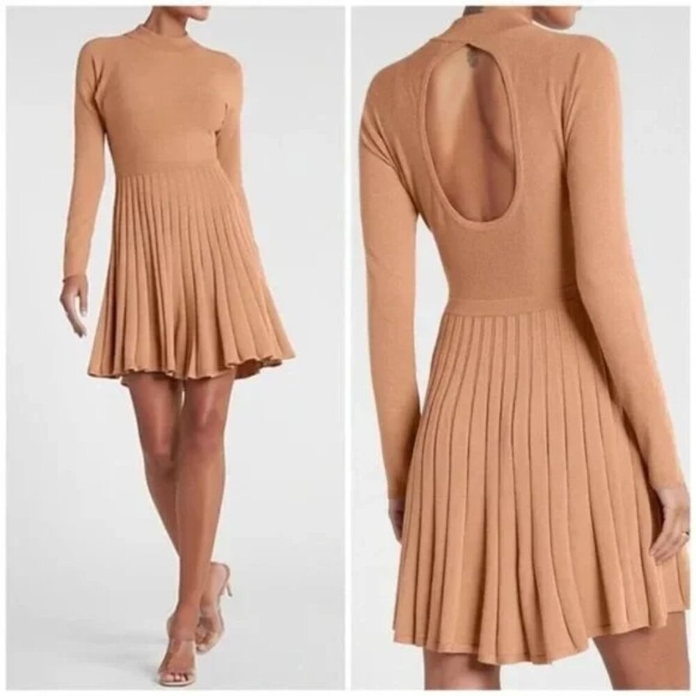 🤎 EXPRESS Tan Pecan Pleated Open-Back Sweater Dress Extra Small XS